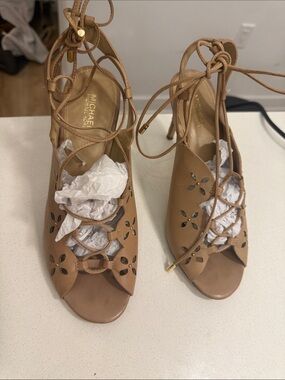 MICHAEL Michael Kors Tan Lace-Up Peep-Toe Heels with Floral Cutouts